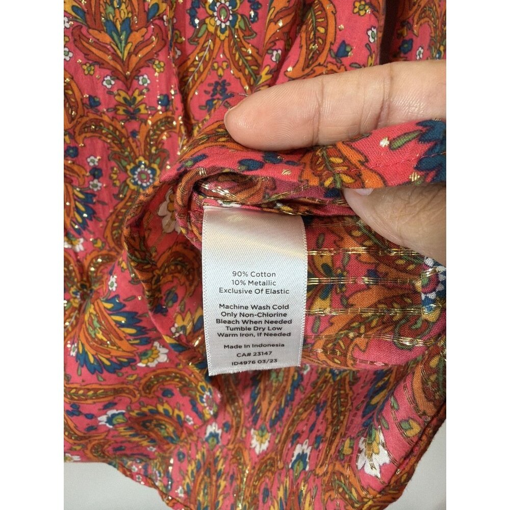 Talbots Petite SP Pink Paisley Floral Metallic Long Sleeve Ruffle Blouse Top - Picture 4 of 8